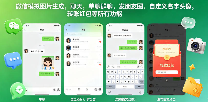 微信模拟图片生成，聊天，单聊群聊，发朋友圈，自定义名字头像，转账红包等所有功能都可以生成网赚项目-副业赚钱-互联网创业-资源整合行知网