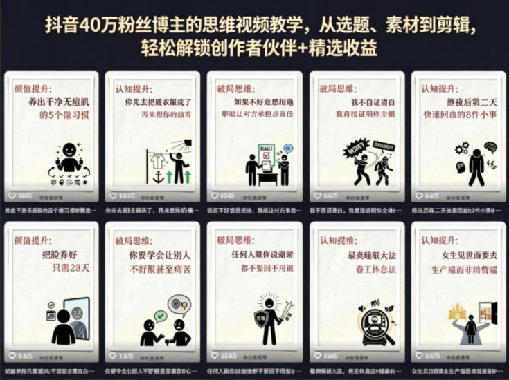 抖音40W粉丝博主的思维视频教学，从选题、素材到剪辑，轻松解锁创作者伙伴+精选收益网赚项目-副业赚钱-互联网创业-资源整合行知网